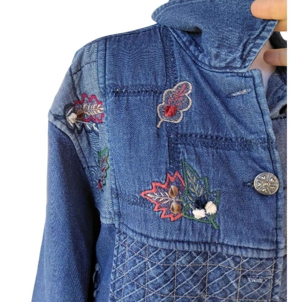 Vintage Keren Hart Cotton Denim Fall Leaf Embroidered Patchwork Jacket Size XL - Picture 3 of 7